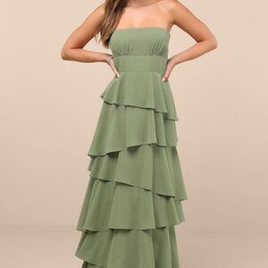 Lulus Gorgeous Essence Sage Strapless Tiered Maxi Dress Green - Size XL
